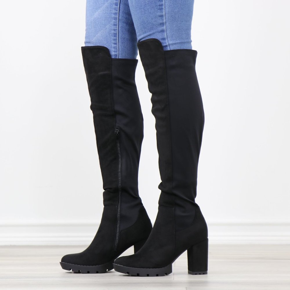 Black Faux Suede Round Toe Thigh High Over The Knee Lug Block Heel Boots - Picture 14 of 14